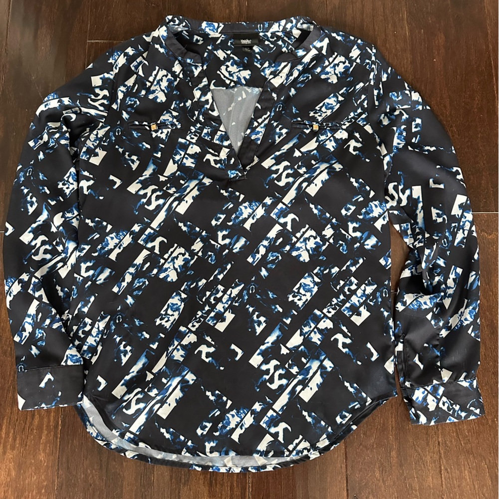 Trendy Black/Blue/White Mossimo Silky Blouse, Sz XS